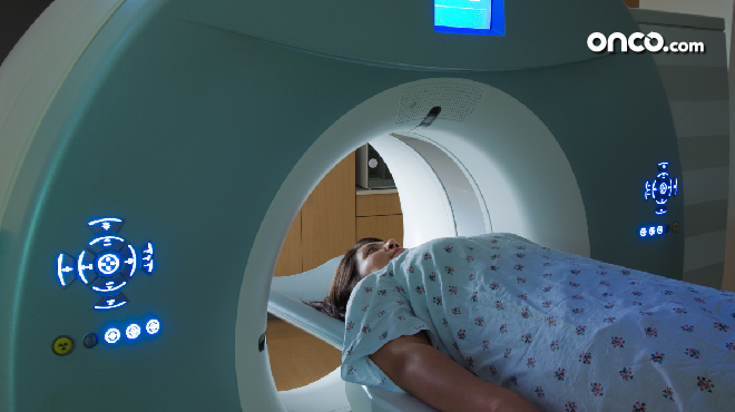 Woman receiving a medical scan for breast cancer diagnosis