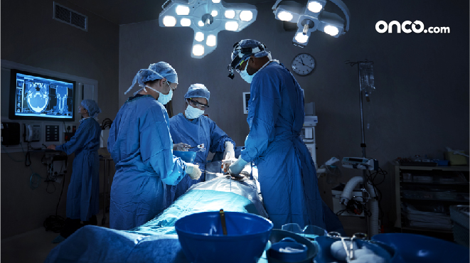 Photograph of multiple onco-surgeons performing surgery for throat cancer treatment