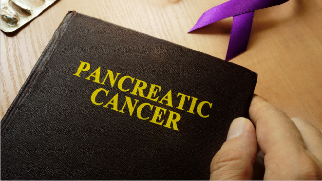 Picture of a book with the words pancreatic cancer written on it